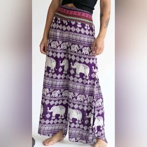 Kathmandu Imports Purple Woven Waist Elephant Print Pants Wide Leg Rayon READ